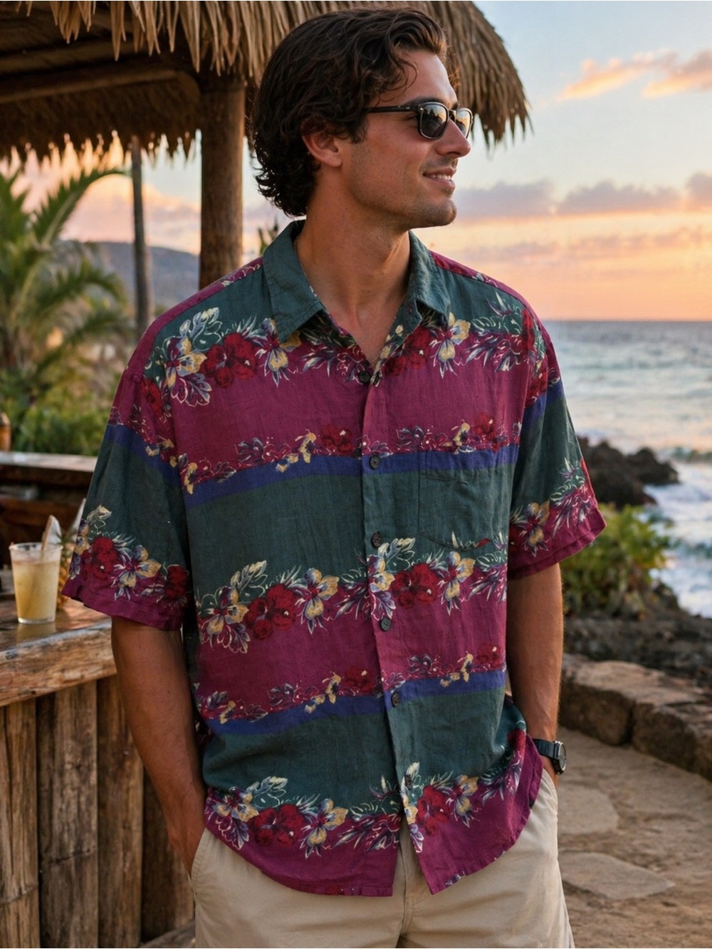 B.U.M. Equipment Men’s Large 99s Floral Beach Bum Textured Button Down Retro Y2K